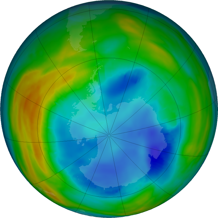 Antarctic ozone map for 07 August 2016